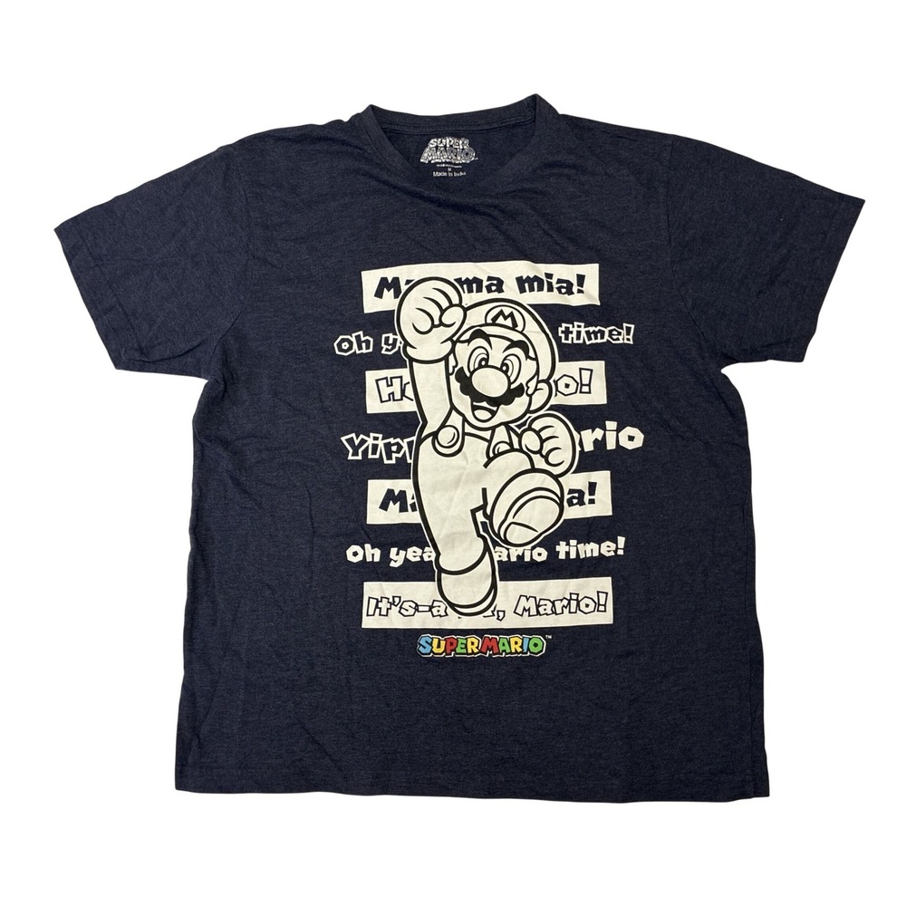 Nintendo Super Mario Graphic Tee Navy Blue Mamma Mia Mens Medium Short‎ Sleeve